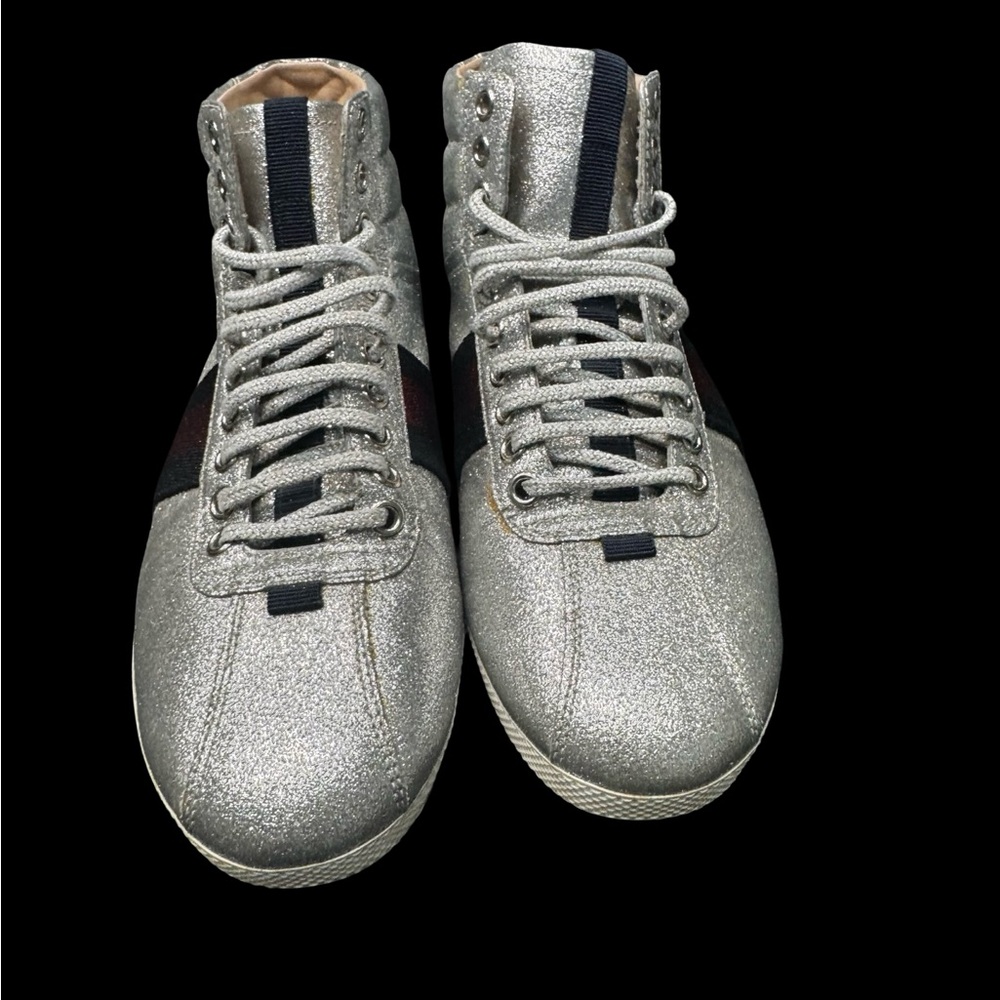 Gucci Bambi Silver Glitter High Top Sneakers EU38 Web Stripe Italy Luxury - Picture 4 of 9